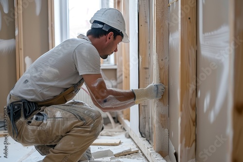 Professional photo of a construction worker doing drywalling in a house, working hard and focused on his task, wearing a white helmet and workwear, side view photo