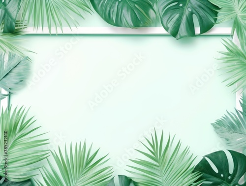 Mint Green frame background, tropical leaves and plants around the mint green rectangle in the middle of the photo with space for text © GalleryGlider