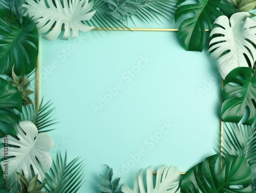 Mint Green frame background  tropical leaves and plants around the mint green rectangle in the middle of the photo with space for text