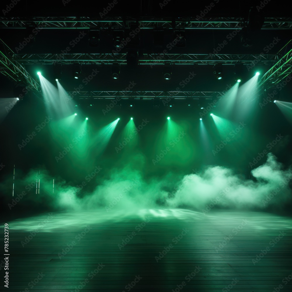 Mint Green stage background, mint green spotlight light effects, dark atmosphere, smoke and mist, simple stage background, stage lighting