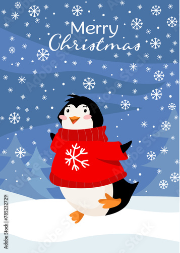 Holiday card with penguin, snow and Merry Christmas lettering. Cute winter character in goofy sweater