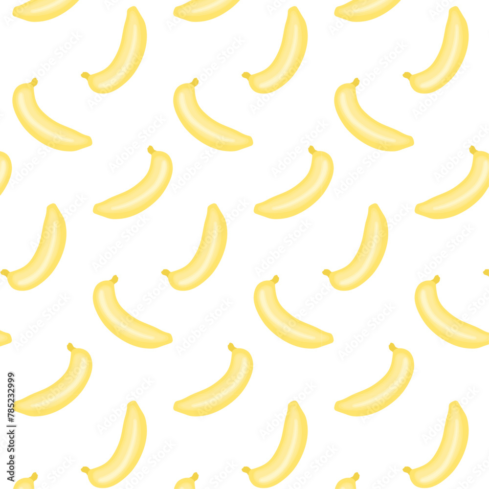 Seamless pattern for fabric and textiles. Bright yellow banana white background. Vector cartoon illustration. Print for packaging and wrapping paper. Ornament for paper gift bag. Juicy ripe fruits.