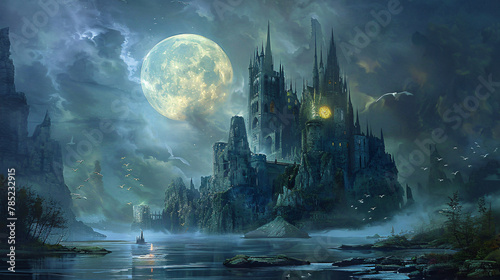 A castle in the middle of a lake with a large moon 