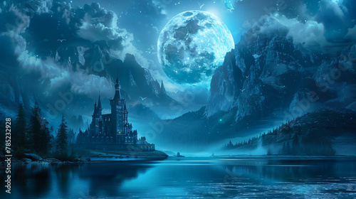 A castle in the middle of a lake with a large moon  © Anas