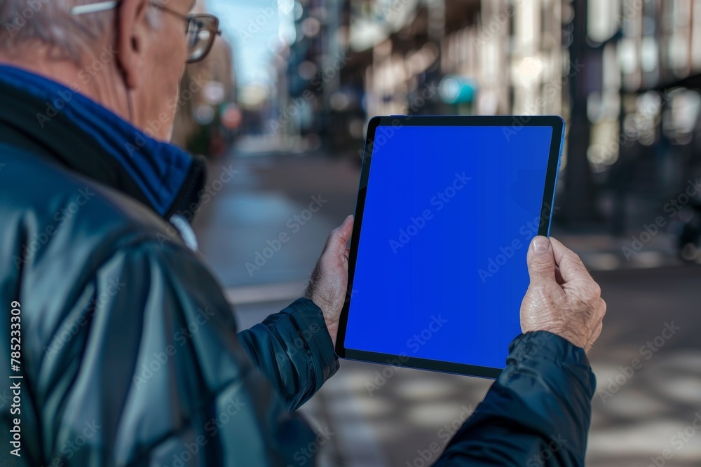 Ui mockup through a shoulder view of a mature man holding a tablet with an entirely blue screen Ui mockup through a shoulder view of a mature man holding a tablet with an entirely blue screen