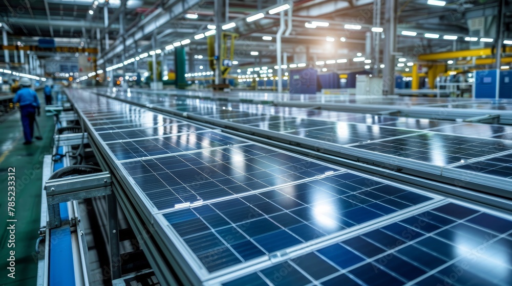Naklejka premium Rows of gleaming solar panels on a manufacturing line, illustrating mass production in the renewable energy industry.