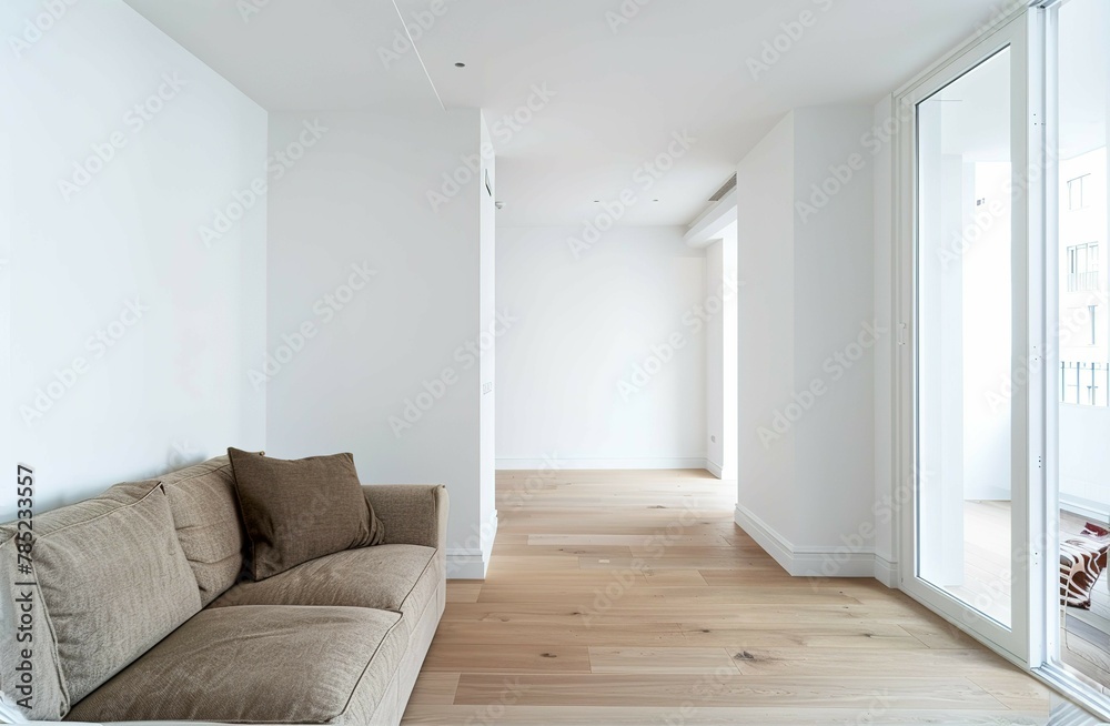Fototapeta premium A living room view with a couch, white wall, empty wall, for a artwork mockup display no frame on the wall
