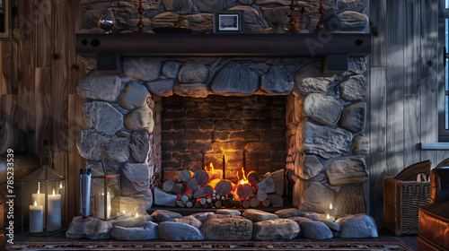 A cozy fireplace with stonewall