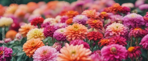 Beautiful colorful zinnia and dahlia flowers in full bloom, close up. Natural summery texture for background © Adi