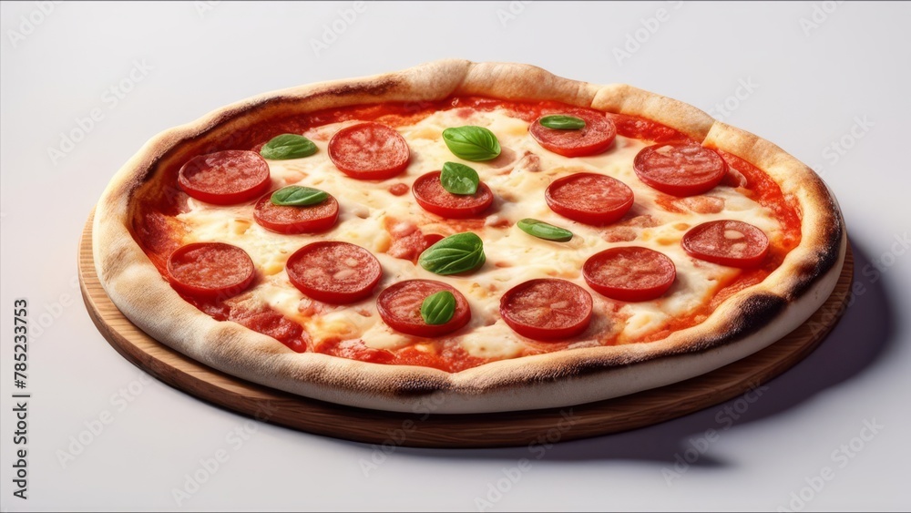 The pizza is not on a wooden stand in the middle of the background. The pizza is not on a wooden stand in the middle of the background.