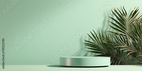 Mint Green background with shadows of palm leaves on a mint green wall  an empty table top for product presentation