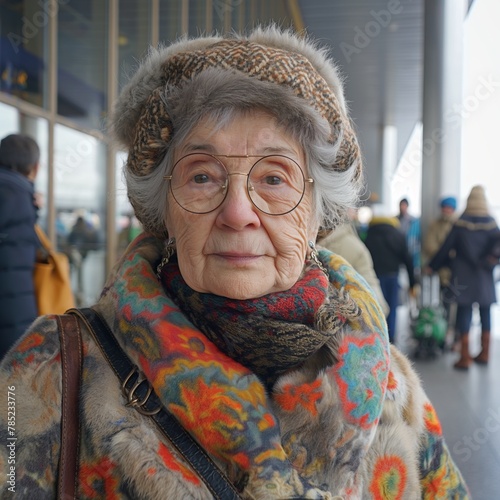Пожилая улыбающаяся женщина в очках ожидает на вокзале поезд или самолет, полна предвкушения своего путешествия