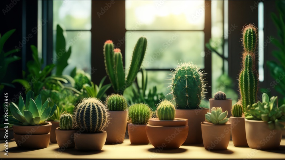 Cacti of different sizes and shapes in pots.