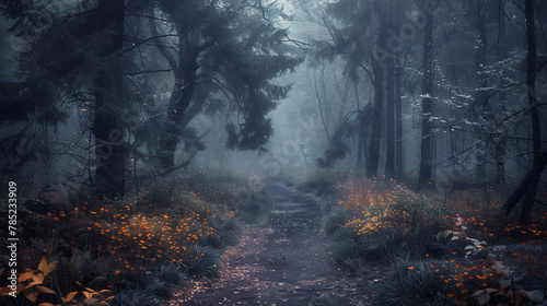 A dark and moody forest pathway covered in mist. 