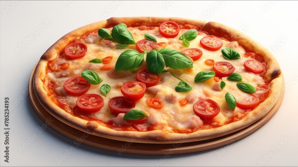 Pizza decorated with slices of tomatoes and herbs.