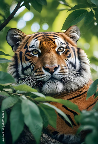 Close-up Portrait of Majestic Tiger Resting Among Green Leaves  Wild Feline in Natural Habitat
