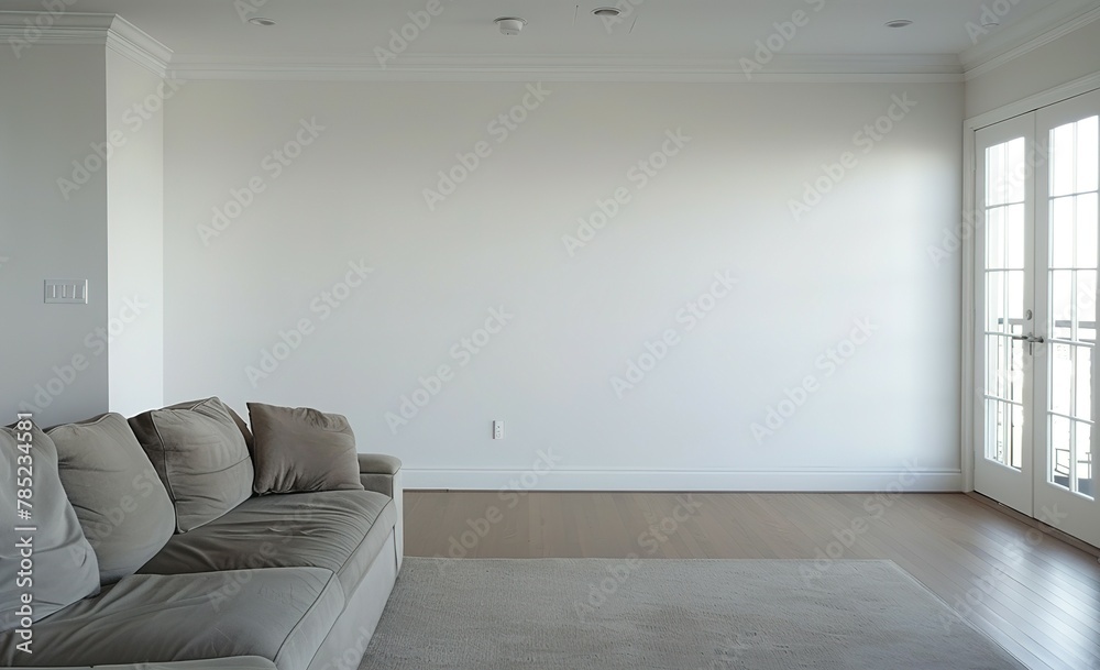 Fototapeta premium A living room view with a couch, white wall, empty wall, for a artwork mockup display no frame on the wall