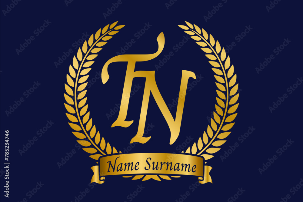 Initial letter T and N, TN monogram logo design with laurel wreath. Luxury golden calligraphy font. Initial letter T and N, TN monogram logo design with laurel wreath. Luxury golden calligraphy font.