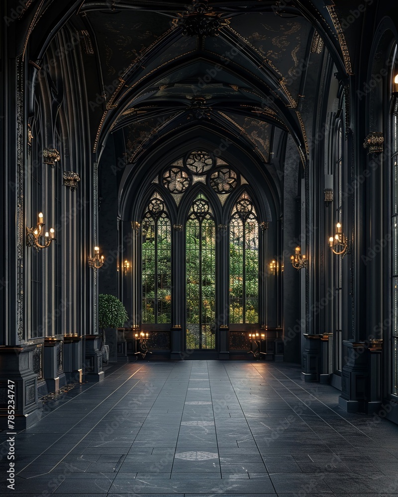 a luxury modern interior, modern, gothic style, gothic arches and windows, mostly black color - obrazy, fototapety, plakaty 
