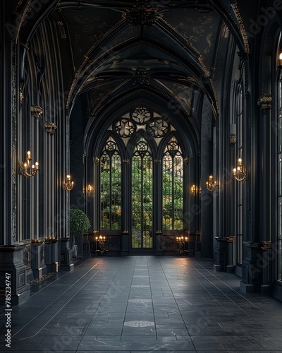 a luxury modern interior, modern, gothic style, gothic arches and windows, mostly black color