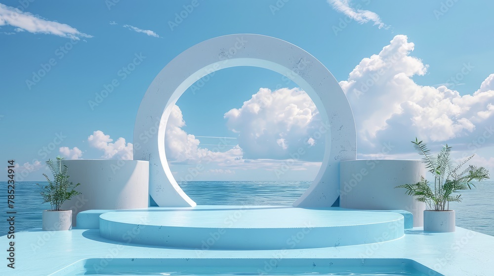 Fototapeta premium Summer podium background 3D product display beach Background summer podium sea stand stage beauty sky platform shop water Generative Ai