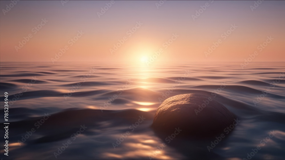 The sunset illuminates the surface of the water and rocks.