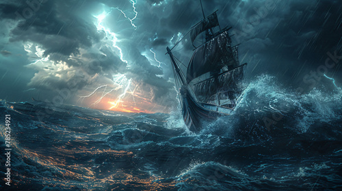 A fantasy sling ship sl on stormy ocean with big waves