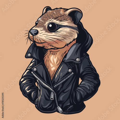 Vector illustration of a chipmunk in a leather jacket on a brown background