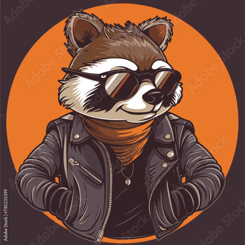 Vector illustration of a raccoon wearing a leather jacket and sunglasses.