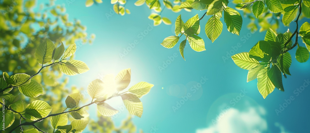 A serene spring landscape with soft lighting highlighting vibrant green leaves against a clear blue sky. A serene spring landscape with soft lighting highlighting vibrant green leaves against a clear blue sky.