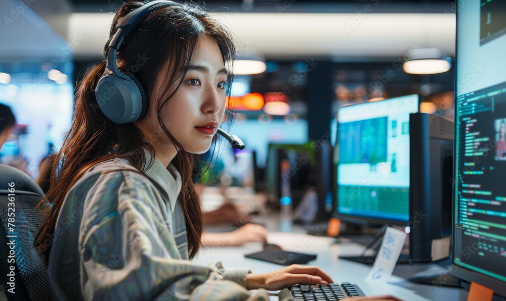 Immersed in Code: Asian Programmer Crafting Immersive 3D RPG in Vibrant Game Studio Immersed in Code: Asian Programmer Crafting Immersive 3D RPG in Vibrant Game Studio