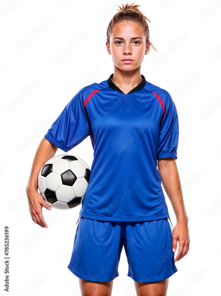 Girl soccer player portrait isolated on transparent background. Confident young Woman footballer. AI Generative