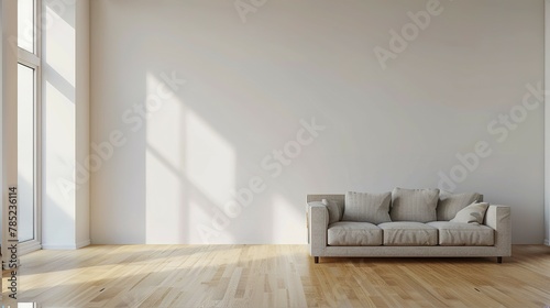 Fototapeta Naklejka Na Ścianę i Meble -  A living room view with a couch, white wall, empty wall, for a artwork mockup display no frame on the wall