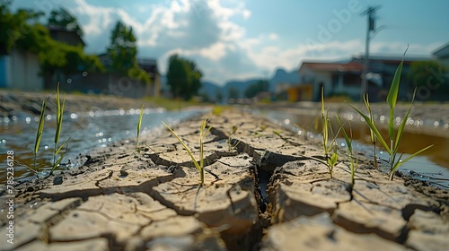 Echoes of Thirst: Cracked Earth & the Last Drops. Concept Environmental Impact, Water Scarcity, Climate Change, Drought Resilience, Sustainable Solutions