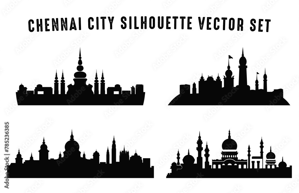 Chennai City Skyline Silhouettes Vector Set, City black Silhouette isolated on a white background