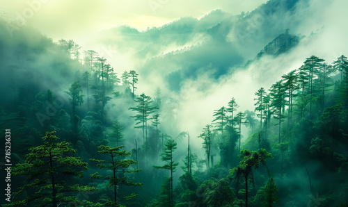 Serene Misty Forest Landscape - Tranquil Escape in Nature, Digital Detox, Foggy Woodland Scenery photo