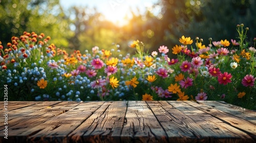 Flowers behind empty wooden table