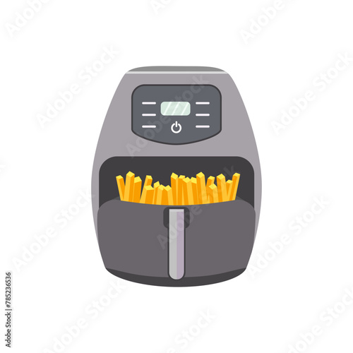  air fryer drawer pulled out, revealing golden brown fries inside. Сooking process is complete.