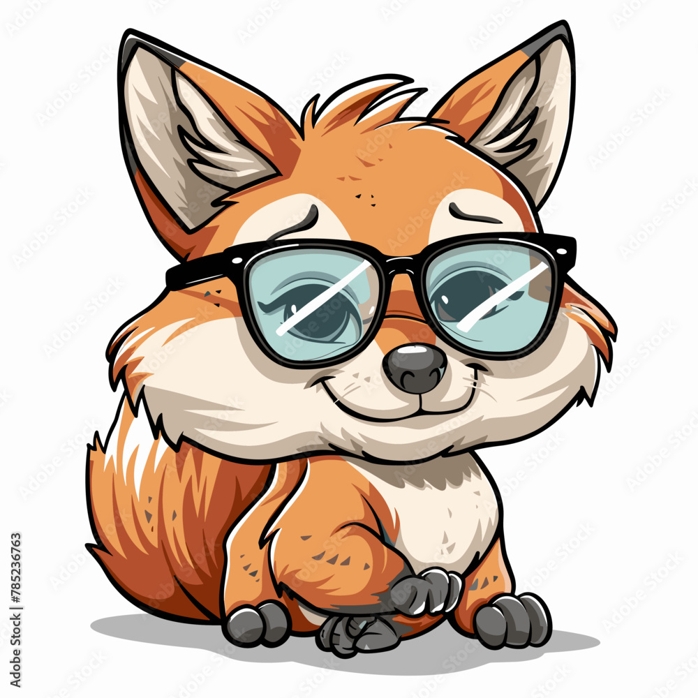 Cute fox with glasses isolated on white background. Vector illustration.