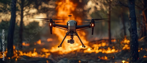 High-Tech Vigil: Drone Over Wildfire at Dusk. Concept Nature Photography, Drone Technology, Wildfire Response, Sunset Views, Aerial Surveillance photo