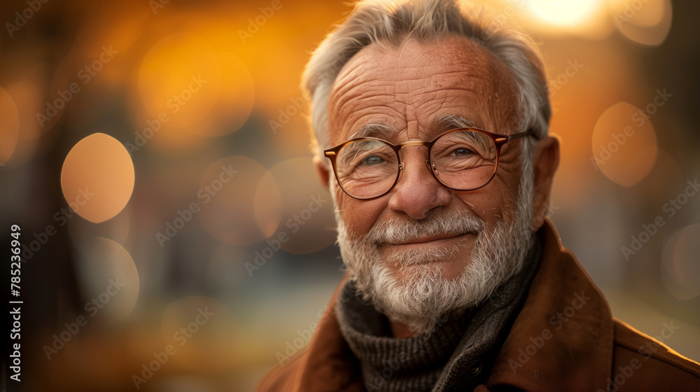 A elderly man with glasses and a brown jacket is smiling. He looks happy and content. The image has a warm and friendly atmosphere. a smiling, elderly, Caucasian man