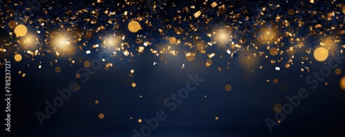 Navy Blue background, football stadium lights with gold confetti decoration, copy space for advertising banner or poster design