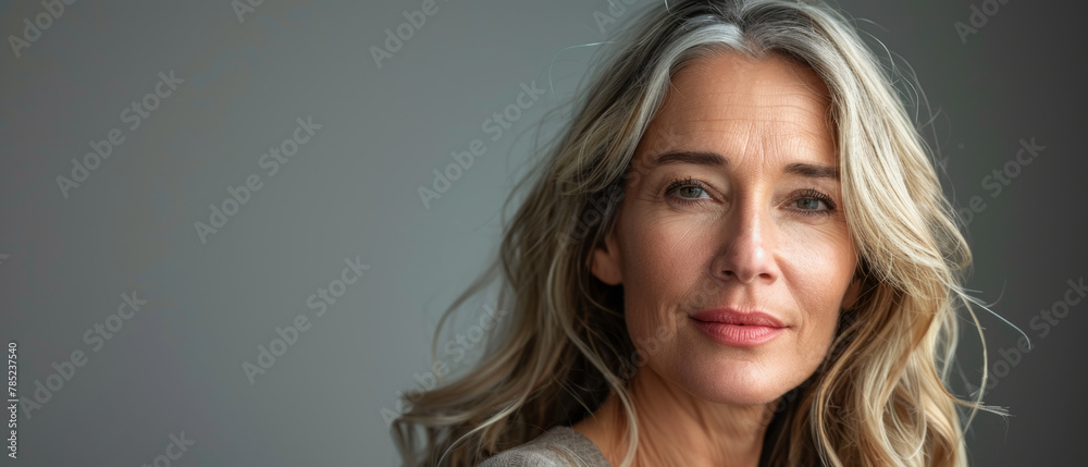 A portrait of a mature beautiful woman looking right on a grey background, representing concepts related to haircare, skincare, and healthy living. A portrait of a mature beautiful woman looking right on a grey background, representing concepts related to haircare, skincare, and healthy living.