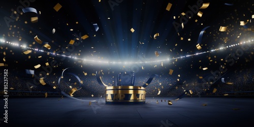Navy Blue background, lights and golden confetti on the navy blue background, football stadium with spotlights, banner for sports events