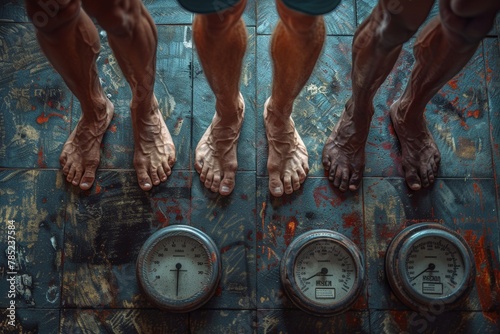Close-up of four athletes' legs and feet on weighing scales, highlighting fitness and weight management