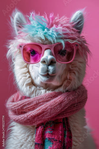 Whimsical and colorful illustration of a pink alpaca with turquoise hair wearing a scarf and sunglasses, set against a pink background.