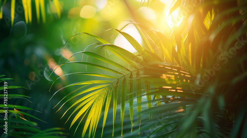 Vibrant sun rays shining through tropical palm tree leaves against a beach backdrop capture the essence of summer warmth and serenity.