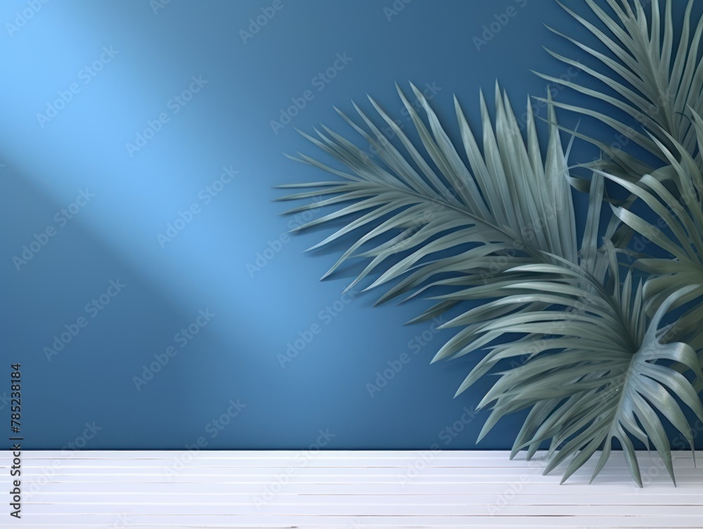 Navy Blue background with palm leaf shadow and white wooden table for product display, summer concept. Vector illustration