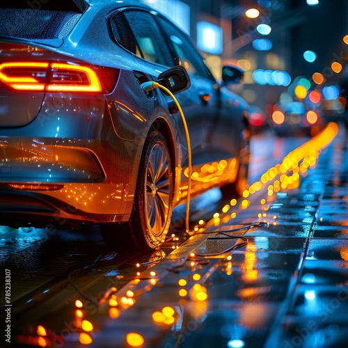 A night scene capturing a luxury car's sleek design as it is parked on a rain-soaked street with glowing city lights