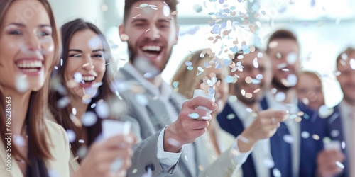 Group of happy business professionals tossing confetti in a celebration, blurred motion. photo